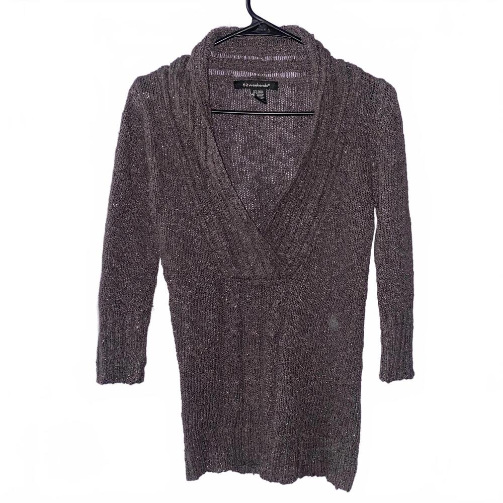 52 Weekends Metallic Open Knit Sweater Charcoal Womens S Y2K Clubwear Goth